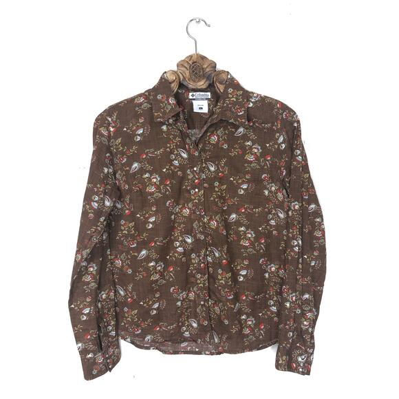 Columbia Cotton Button Up Tailored Fit Brown Floral Paisley Pearlescent Buttons - Picture 1 of 9
